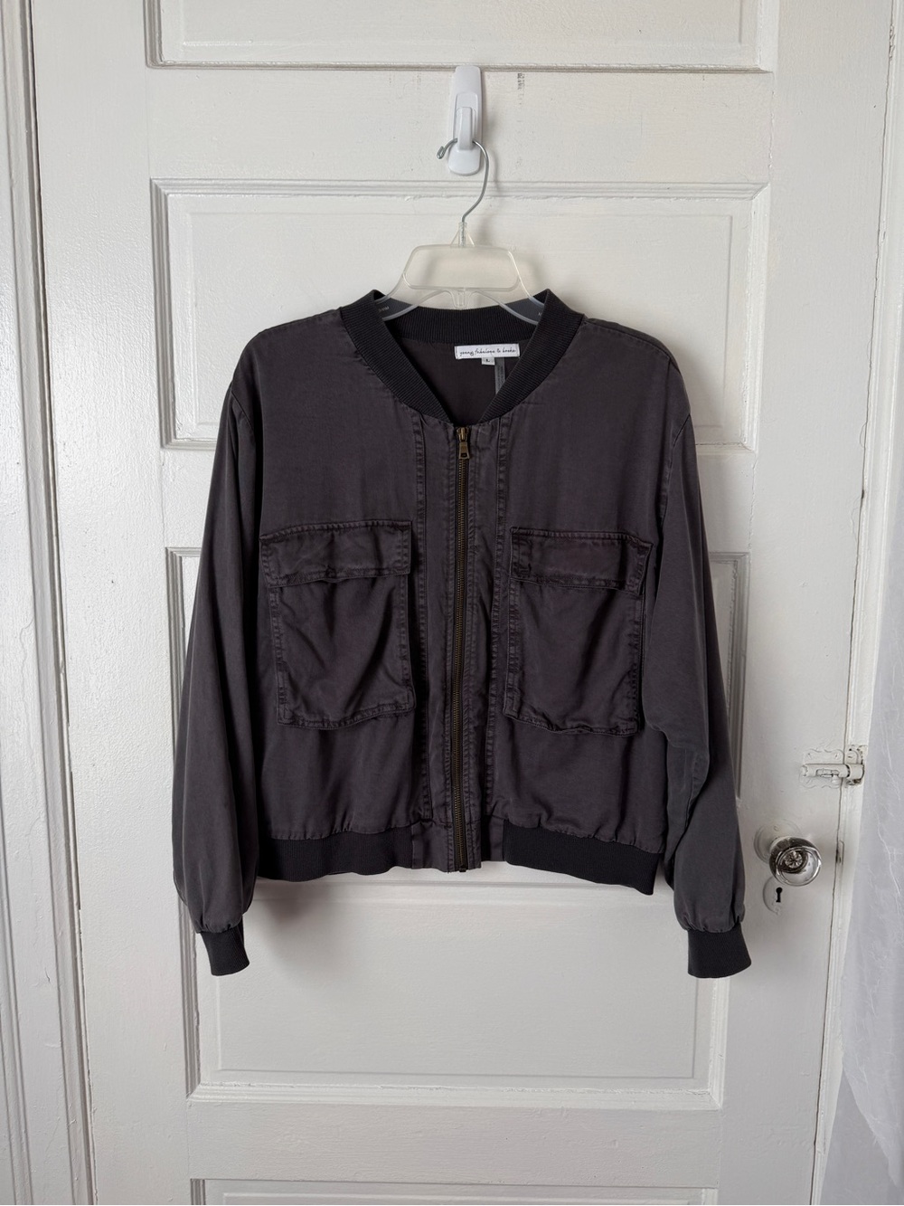 Young Fabulous & Broke Tencel Cargo Bomber Jacket Gray Y2K Utility Shacket Lg